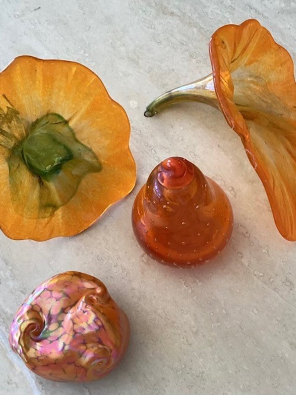 Four (4) pieces of orange art glass, see details below